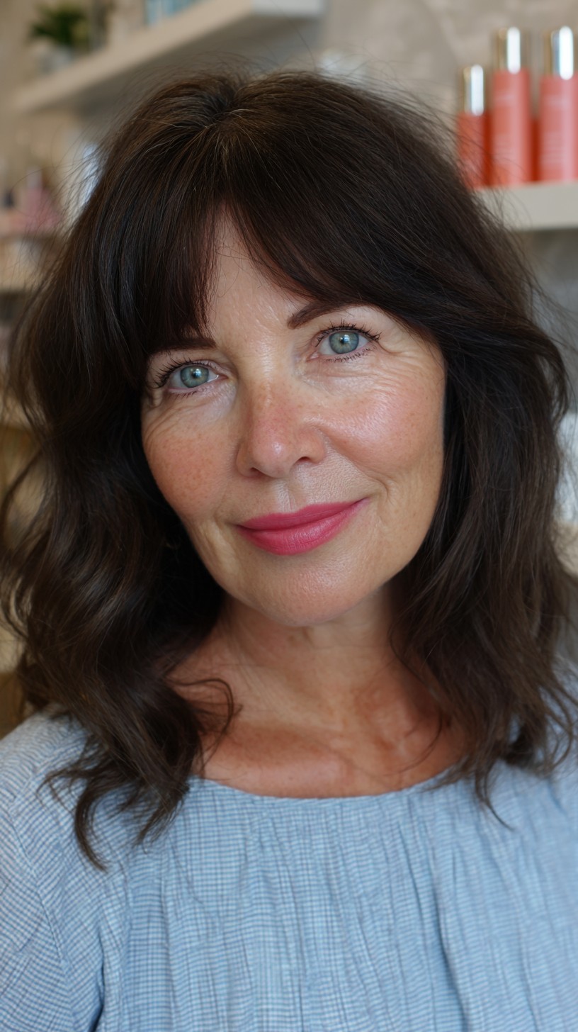 Soft Espresso Shoulder-Length Cut with Long Face-Framing Bangs