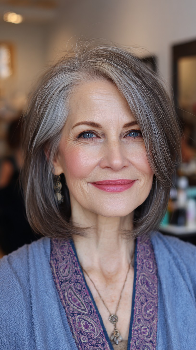 Soft Grey Angled Bob with Long Side-Swept Fringe
