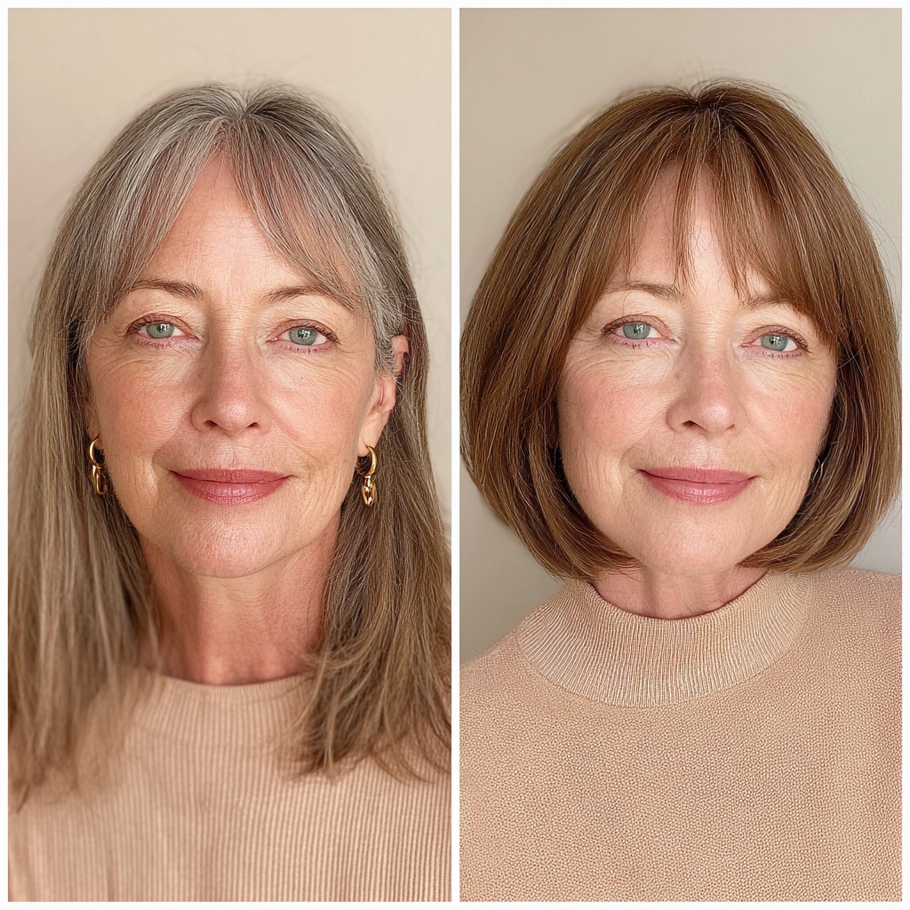 Soft Rounded Chestnut Bob with Wispy Curtain Bangs
