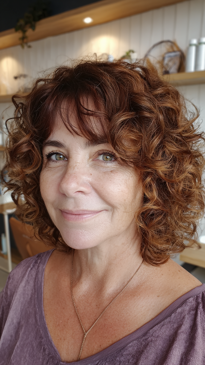 Textured Curly Bob with Soft Bangs