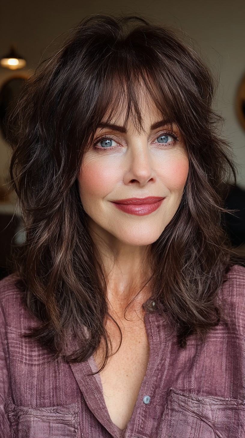 Textured Shoulder-Length Shag with Wispy Long Bangs