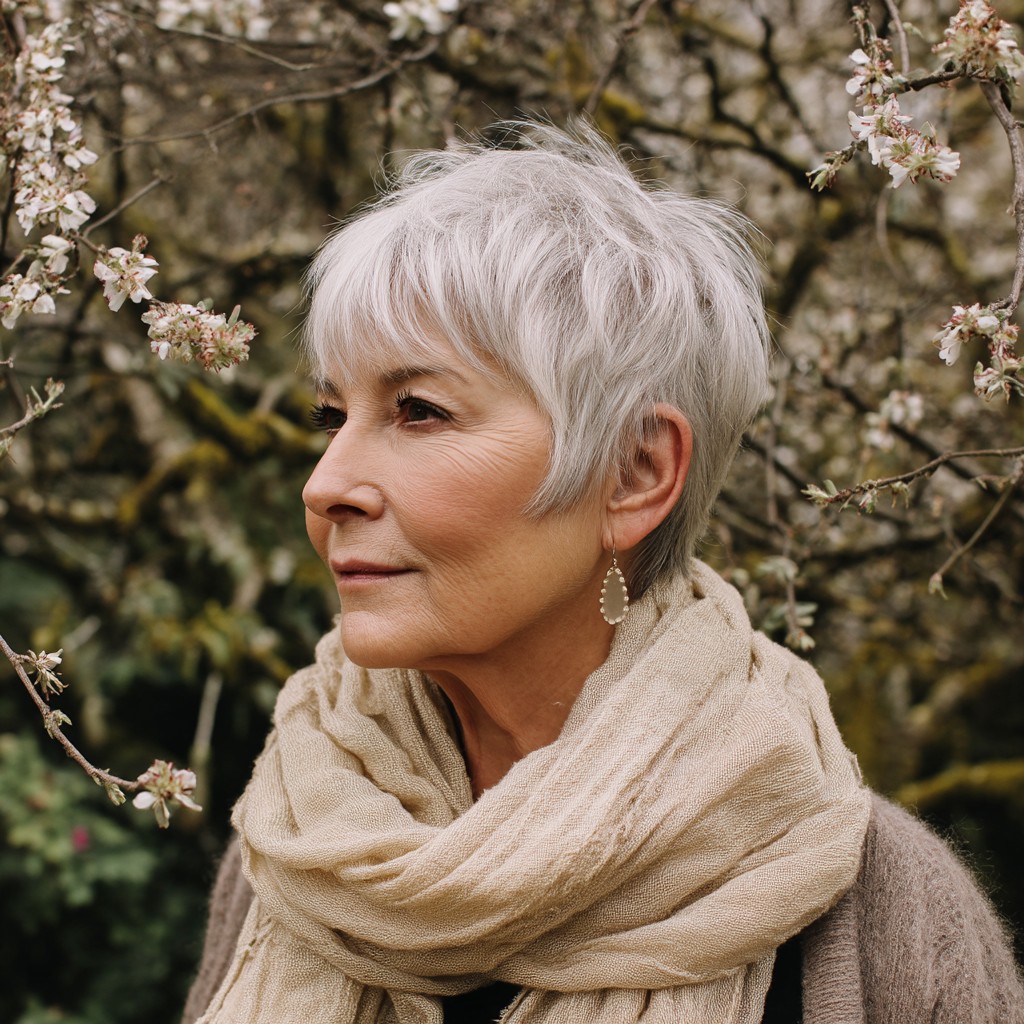 Textured Silver Pixie Cut with Feathered Layers