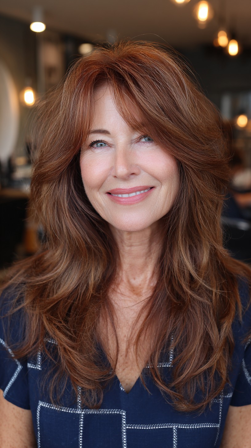 Voluminous Chestnut Long Layers with Soft Curtain Bangs