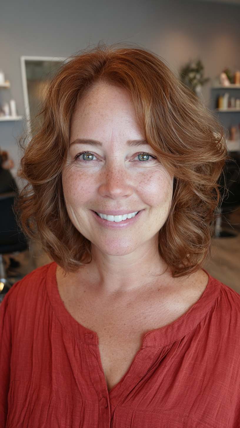 Warm Auburn Curly Bob with Subtle Layers