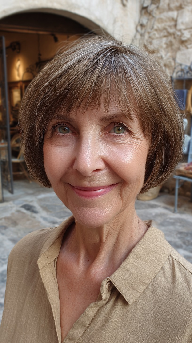 Warm Brunette Chin-Length Rounded Bob with Blunt Micro-Bangs