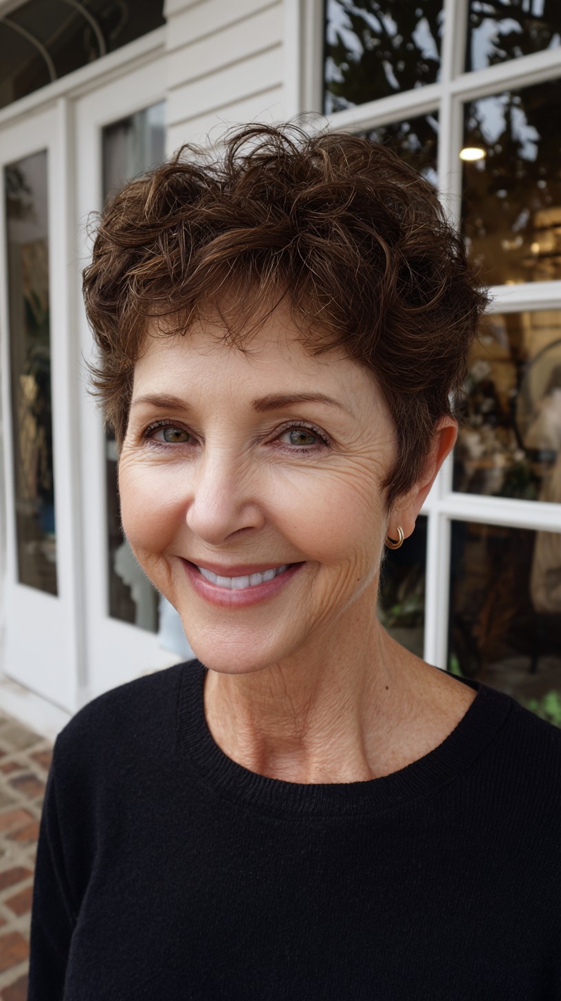 Warm Chestnut Curly Pixie with Tapered Nape and Soft Micro-Fringe