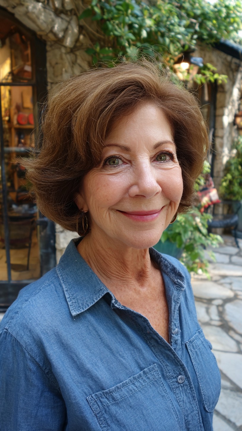 Warm Chestnut Rounded Layered Bob with Crown Lift