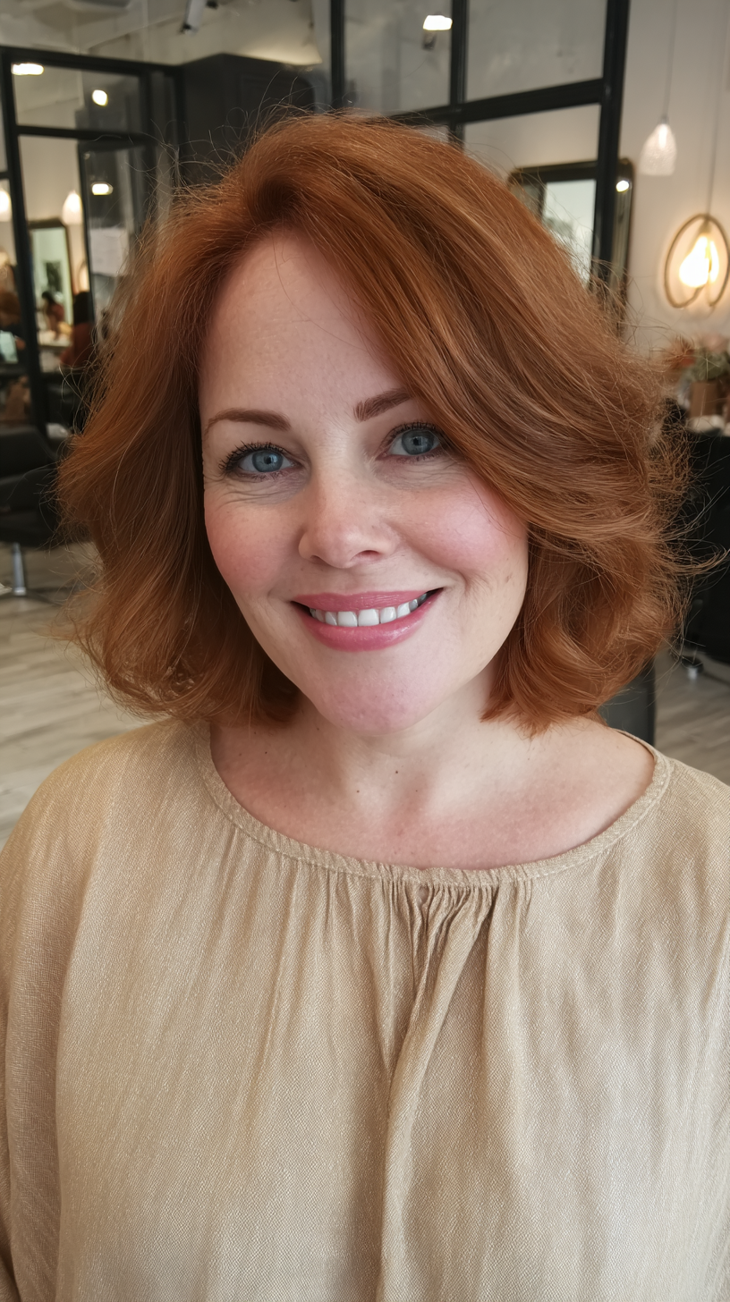 Warm Copper Curly Lob with Subtle Volume