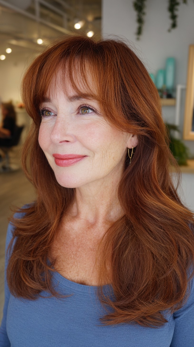 Warm Copper Long Layers with Sheer Brow-Framing Fringe
