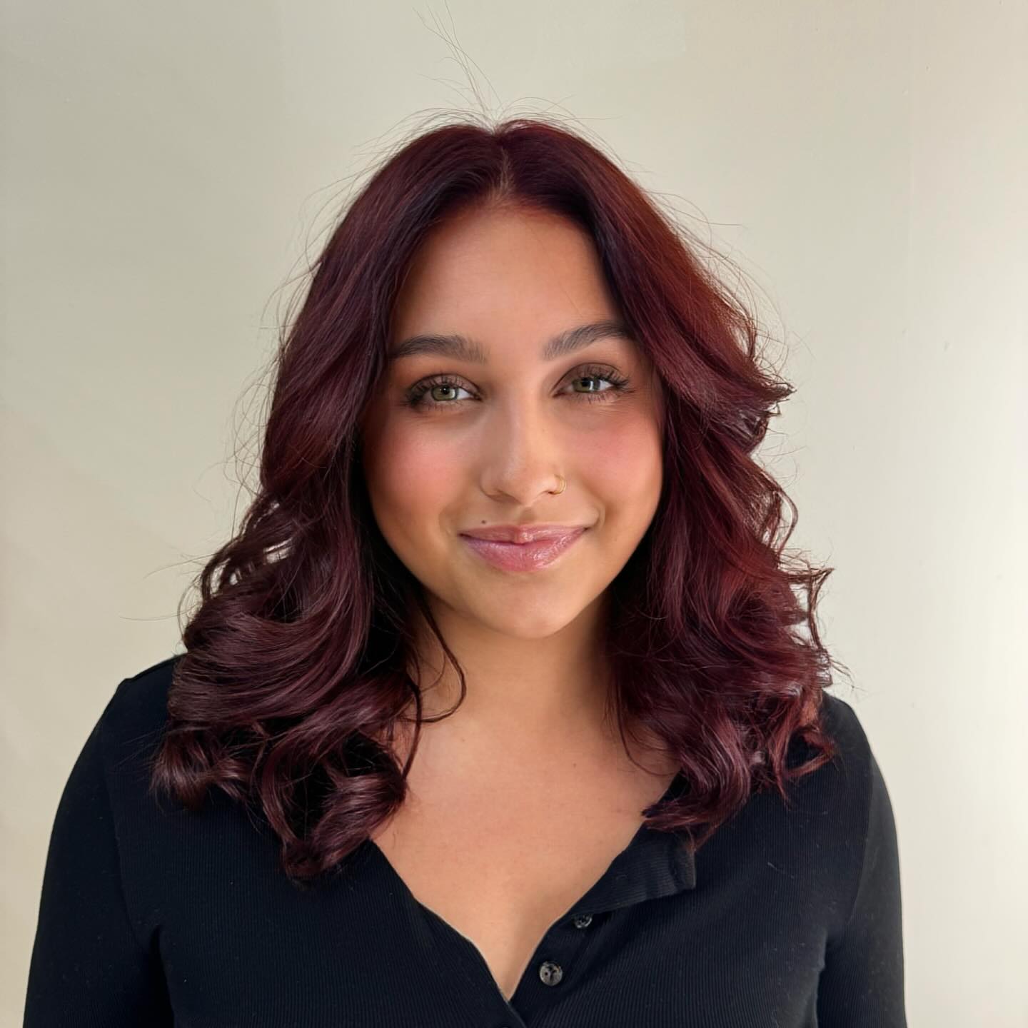 Wine-Red Mid-Length Layers with Center-Part Curtain Shape