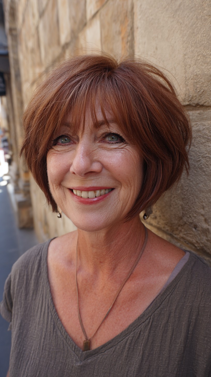 Auburn Stacked Chin-Length Layered Bob with Wispy Fringe