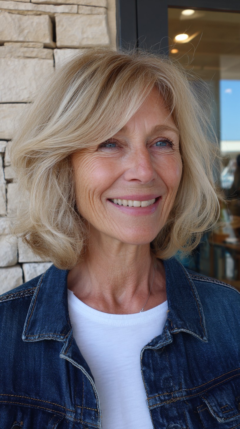 Brushed Blonde Mid-Length Layers with Soft Face-Framing Sweep