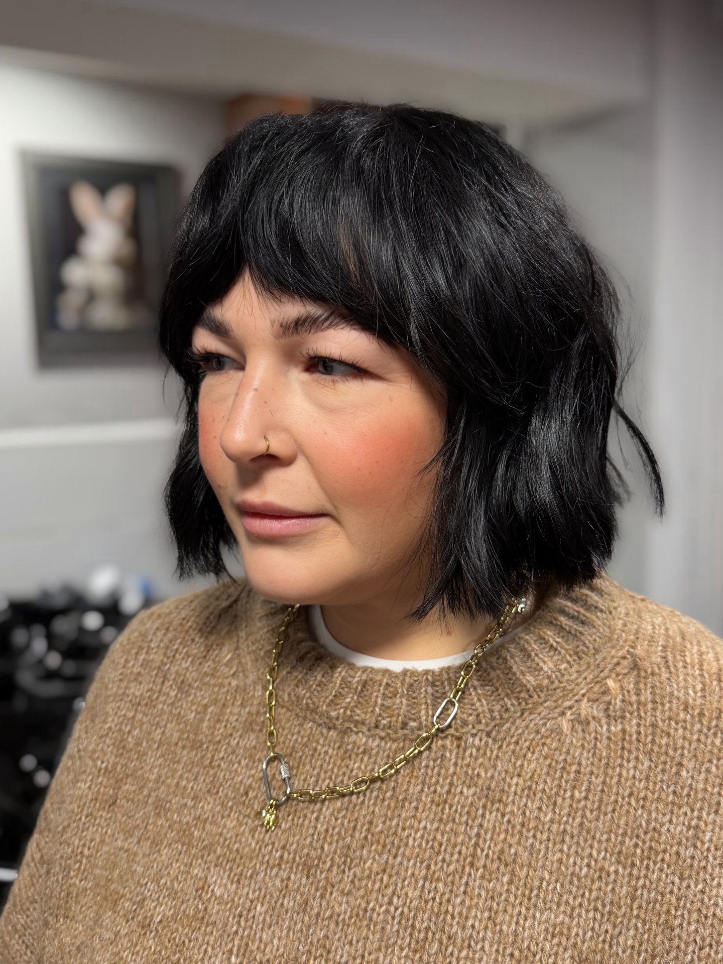Chunky Textured Chin-Length Bob with Blunt Micro-Bang