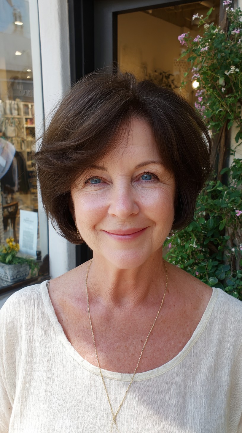 Classic Brunette Short Bob with Airy Crown and Face-Framing Layers