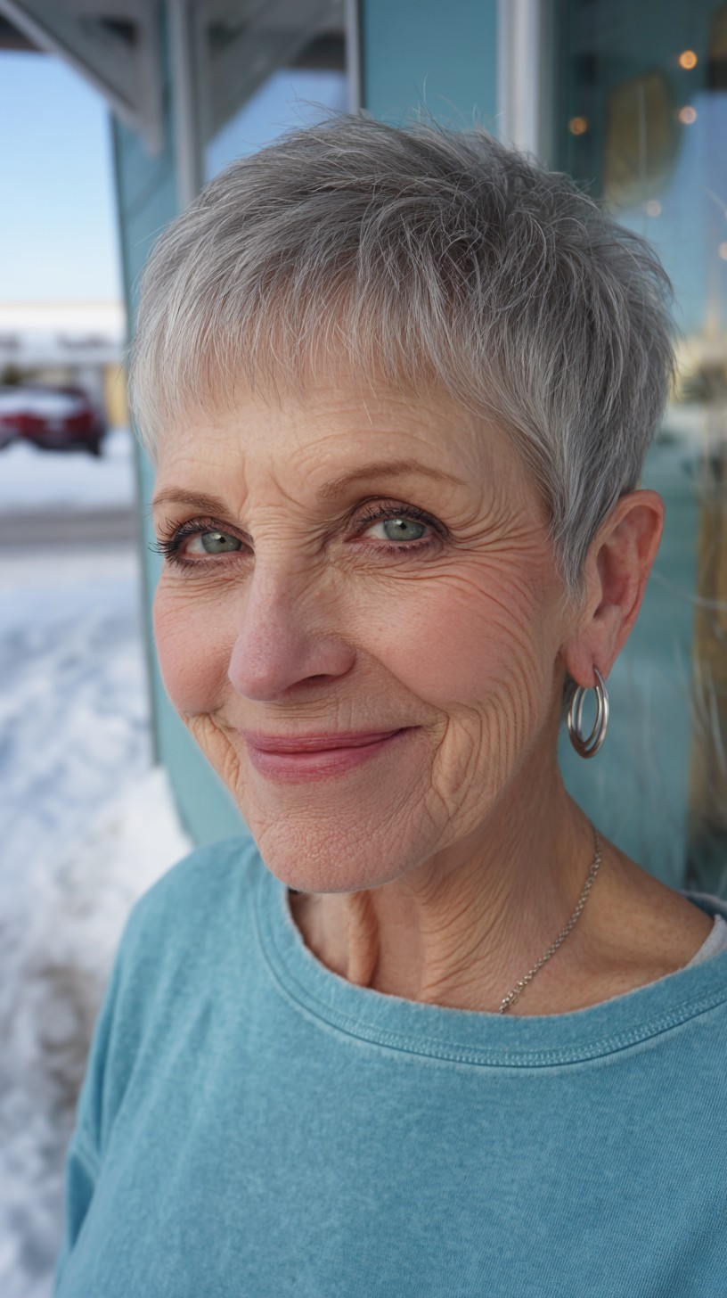 Feathered Silver Pixie Crop with Short Textured Micro-Fringe