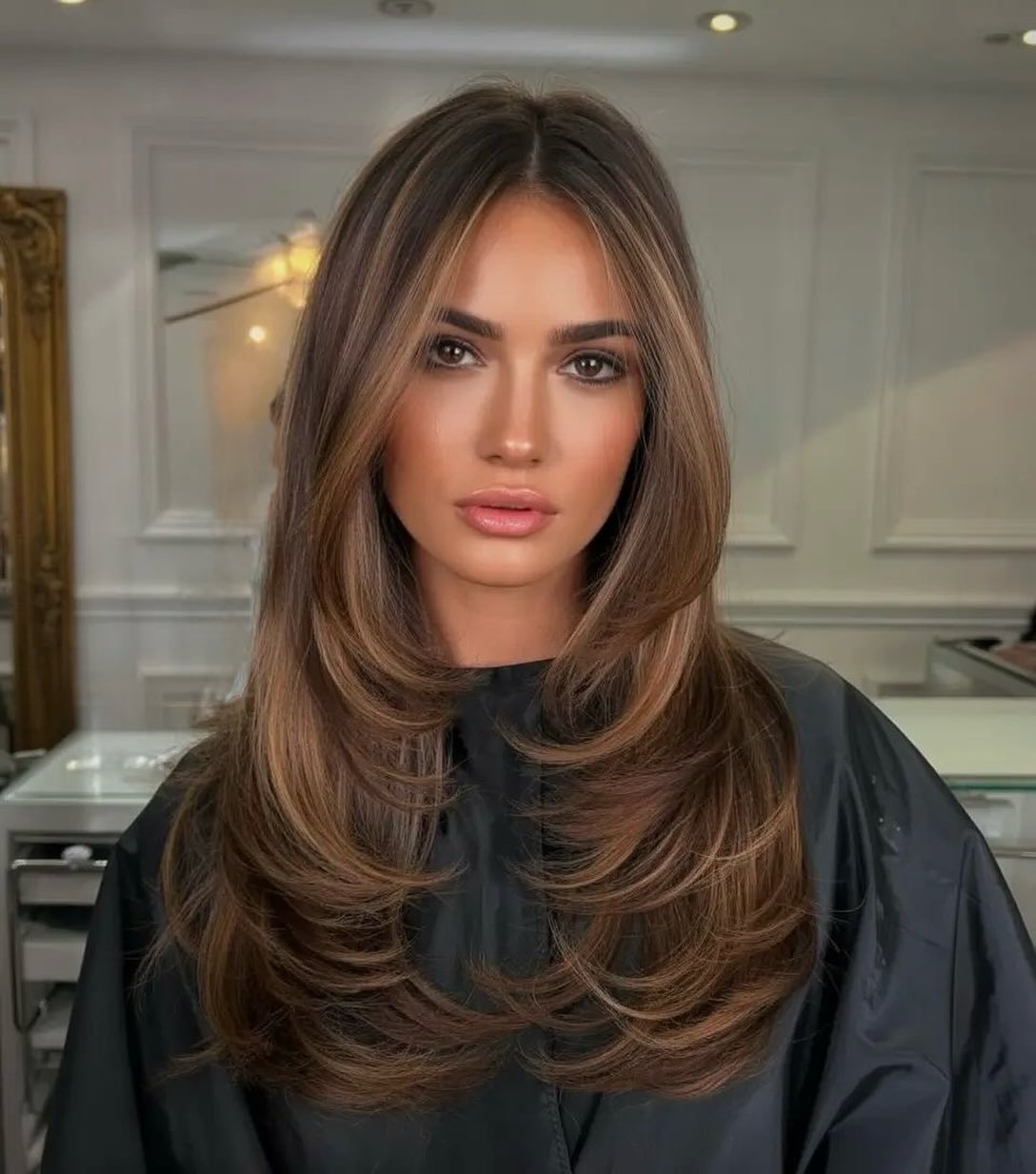 Glossy Long Layers with Rounded Curtain Face-Framing
