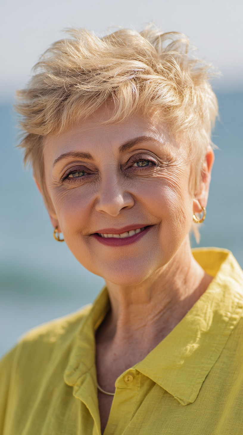 Light Blonde Textured Pixie with Feathered Crown Lift