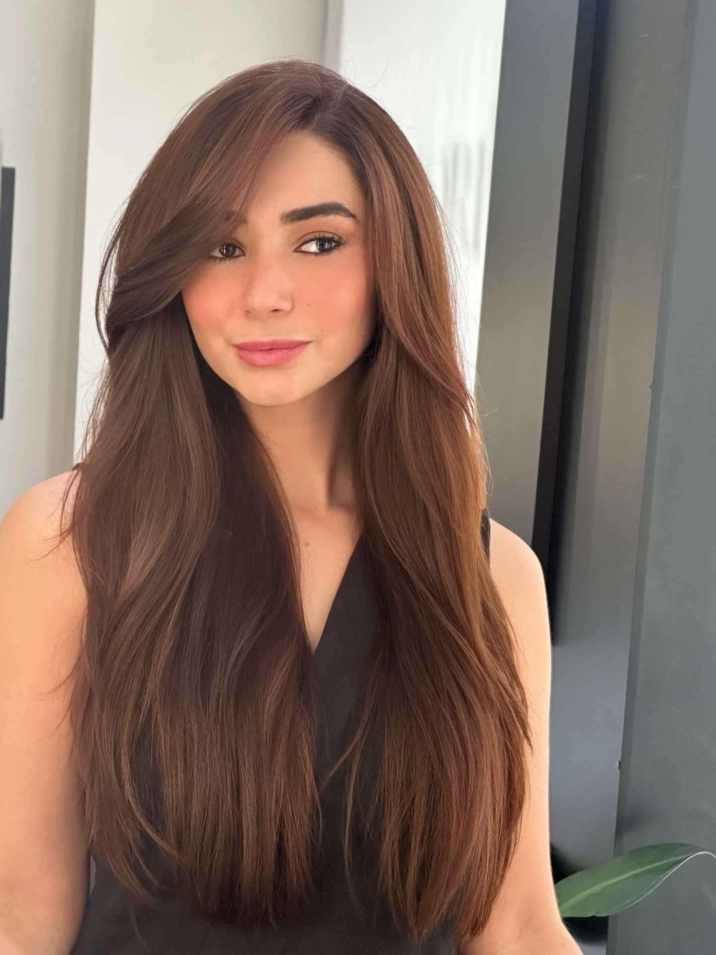 Long Chestnut Face-Framing S-Layers with Side-Swept Swoop