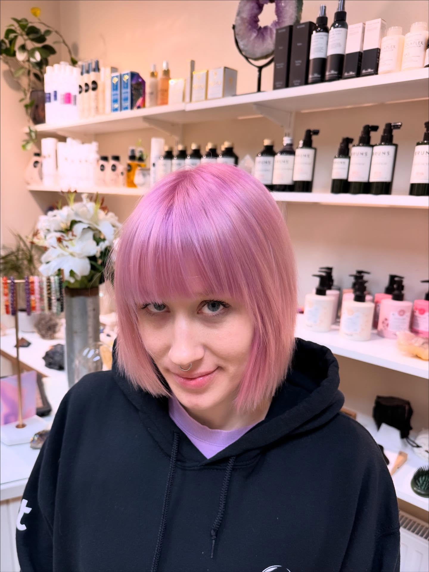 Pastel Pink Blunt Bob with Rounded Micro-Bangs