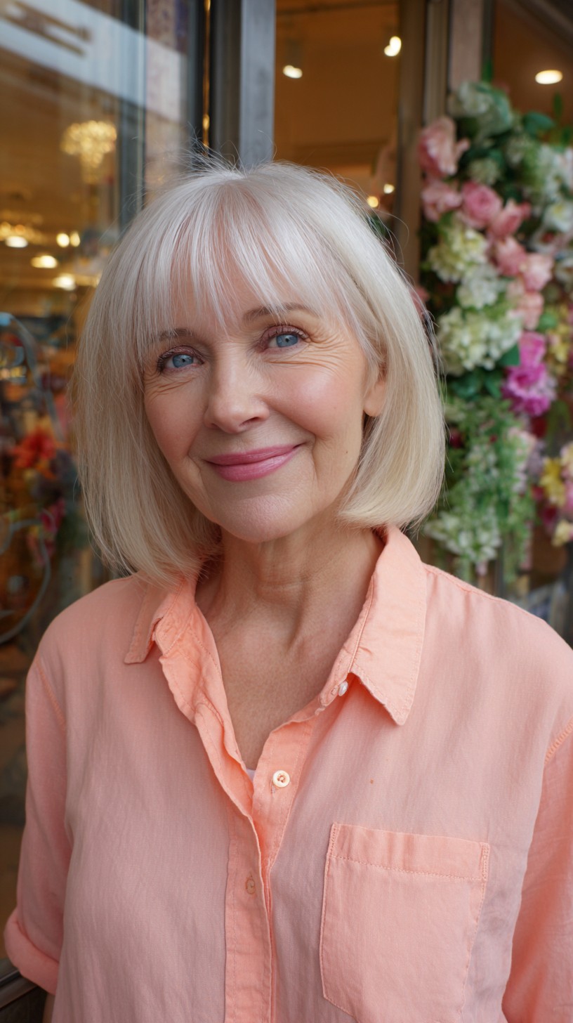 Platinum-Blonde Blunt Bob with Soft Feathered Fringe