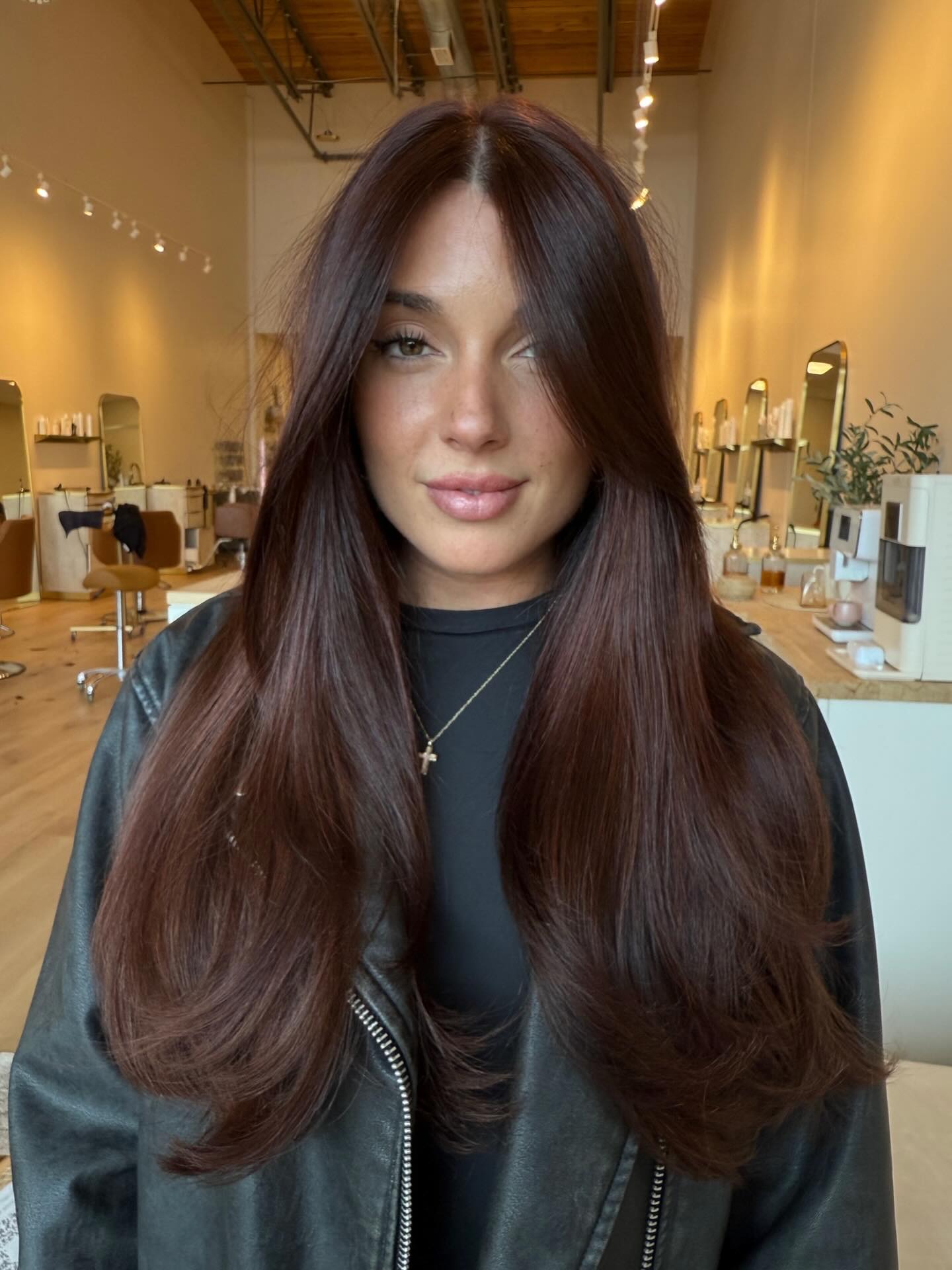 Rich Chestnut Long Layers with Center Curtain and Flipped Ends