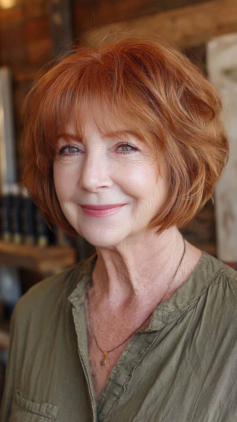 Rich Copper Textured Chin-Length Bob with Feathered Fringe