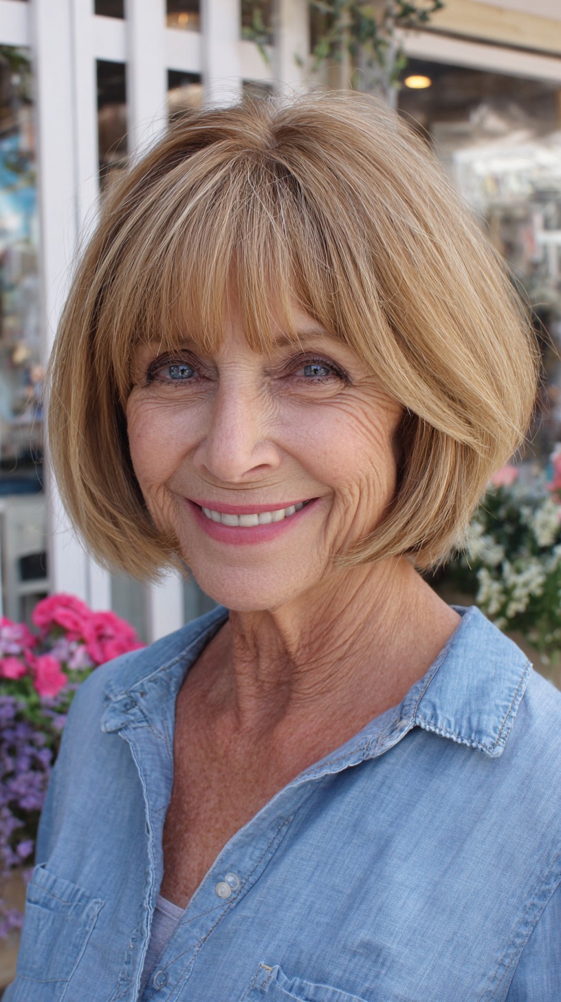 Rounded Bronde Chin-Length Bob with Airy Micro-Fringe