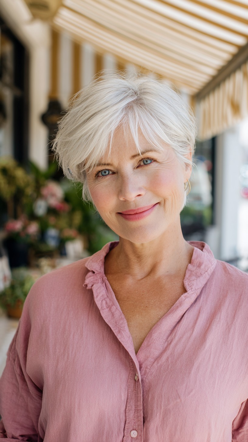 Short Silver Layered Pixie with Face-Framing Fringe