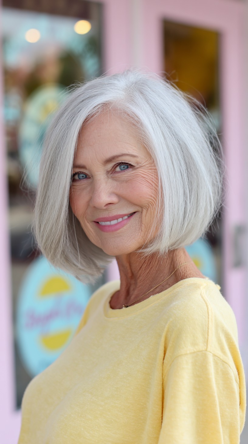 Silver Angled Chin-Length Bob with Deep Side Part and Face-Framing Layers