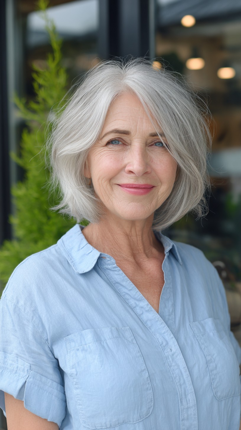 Silver Textured Chin-Grazing Layered Bob with Soft Side Part
