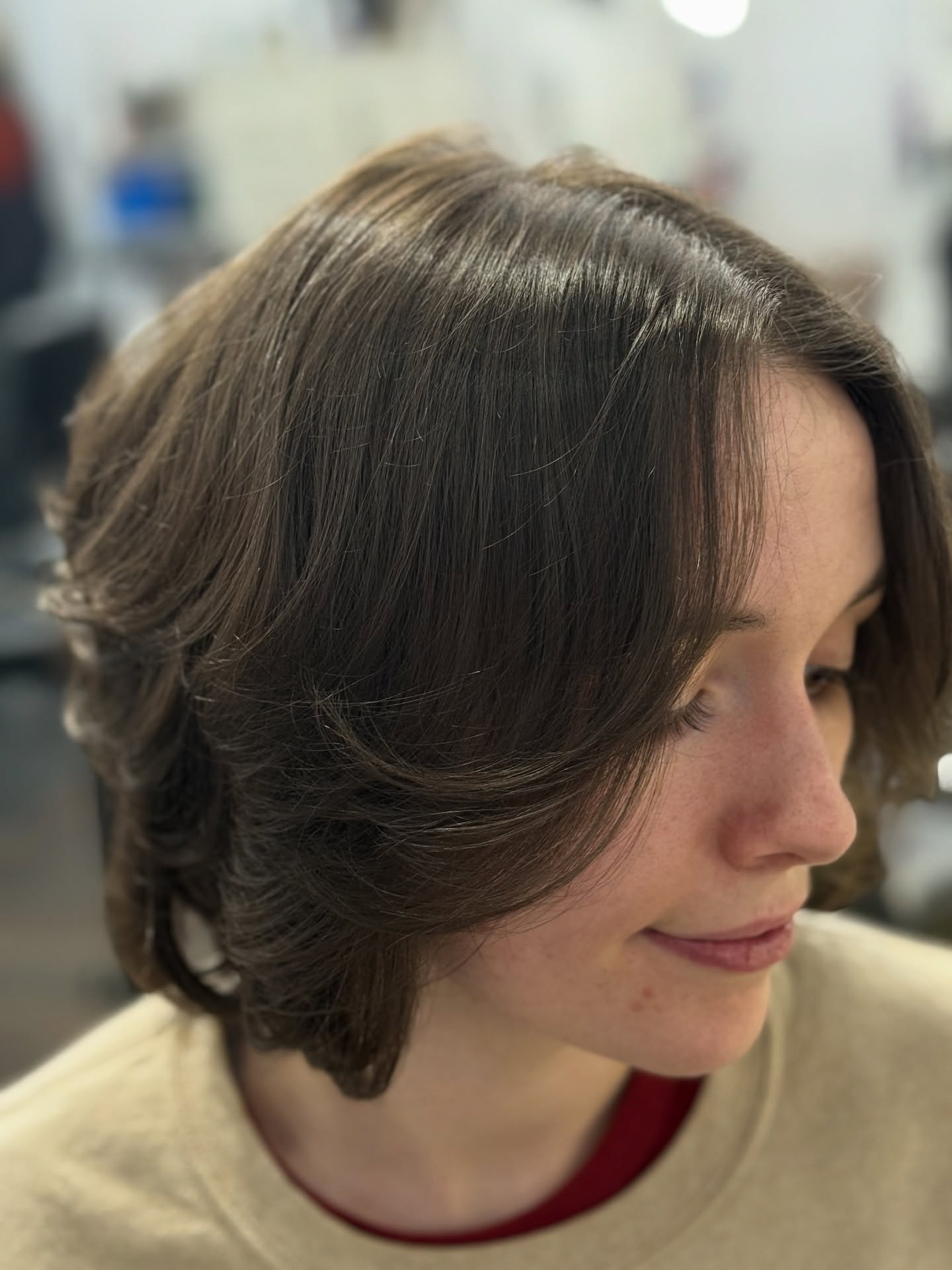 Soft Brown Layered Chin-Length Bob with Curtain Flicks