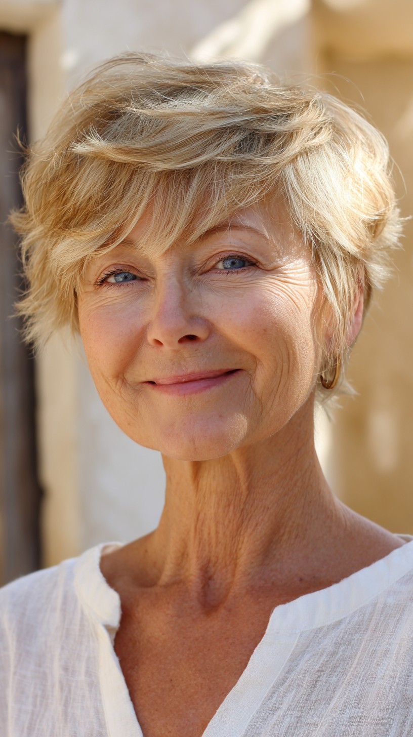 Soft Golden Tapered Pixie with Side-Swept Layers