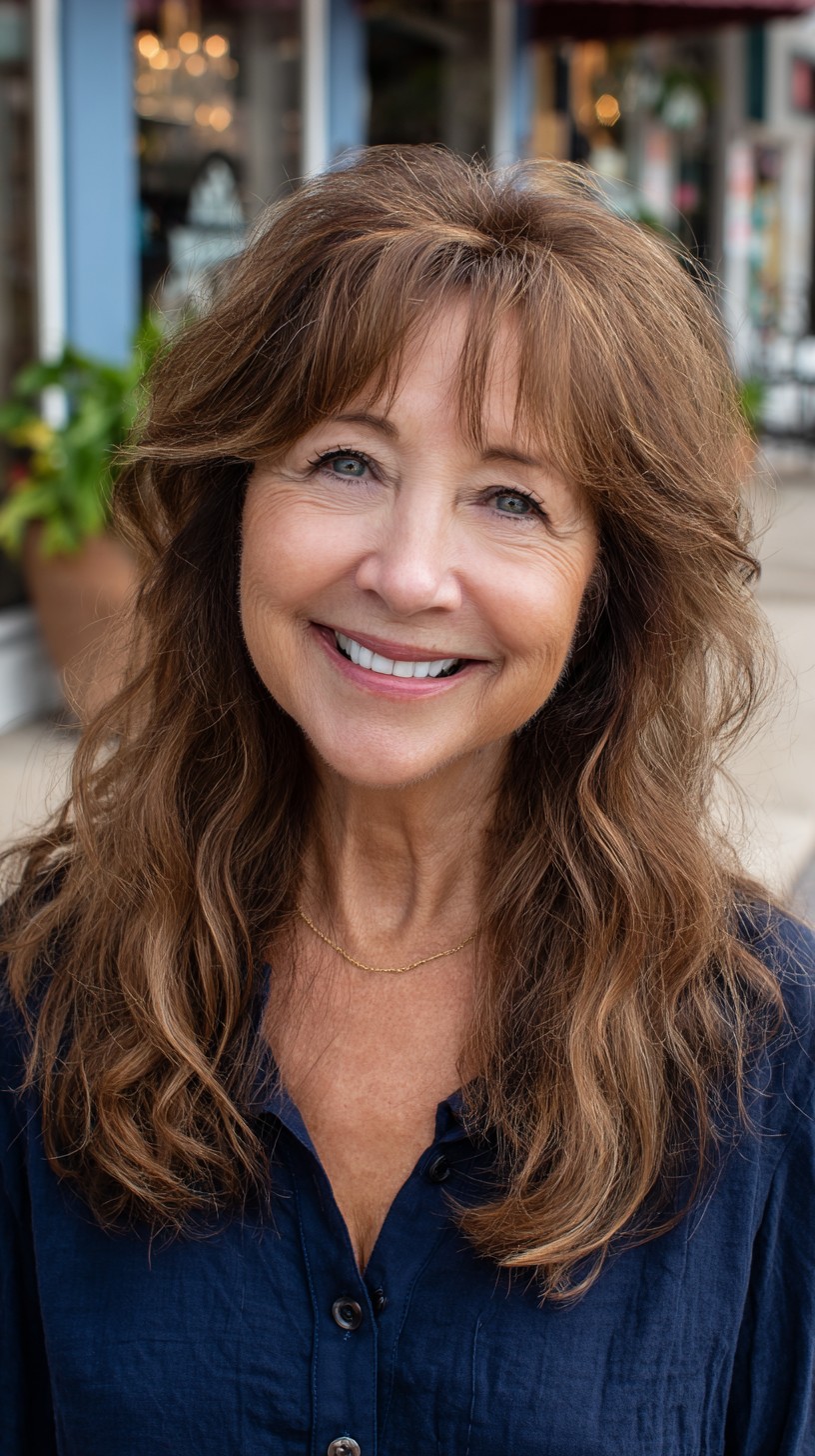 Sun-Kissed Chestnut Layered Mid-Length with Feathered Mini-Bangs
