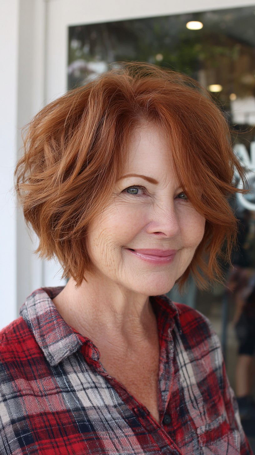 Textured Copper Layered Chin-Length Bob with Side-Swept Layers