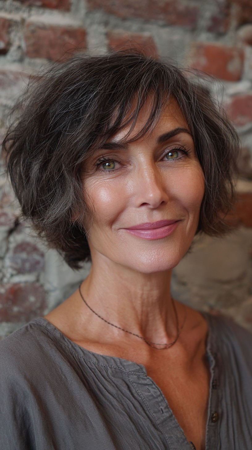 Tousled Salt-and-Pepper Layered Chin-Length Bob with Wispy Fringe