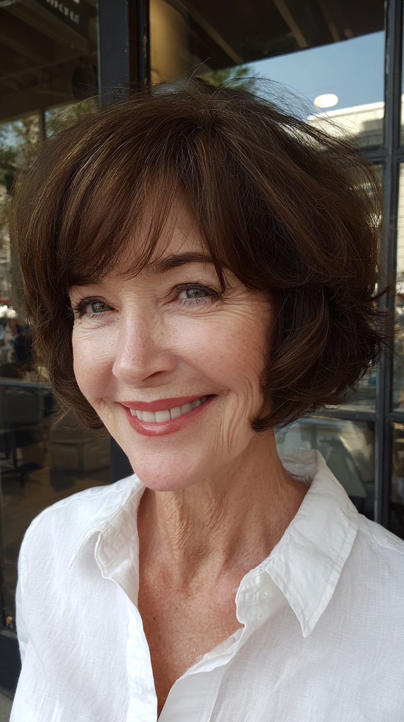 Voluminous Chin-Length Layered Bob with Wispy Fringe