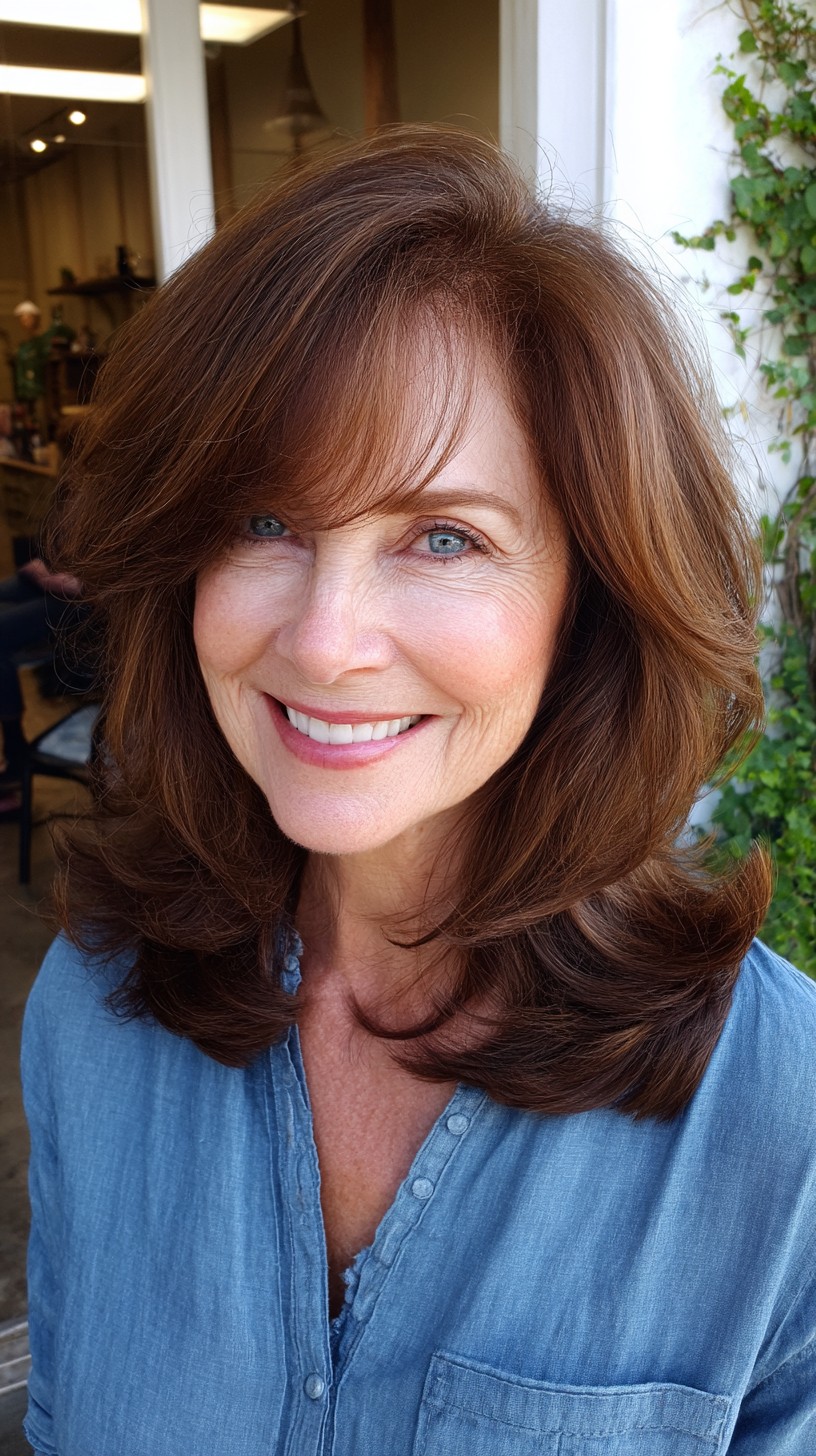 Warm Chestnut Mid-Length Layers with Feathered Face-Frame