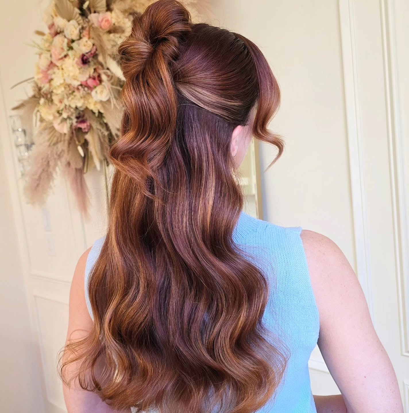 Warm Copper Half-Up Knot With Soft S-Waves