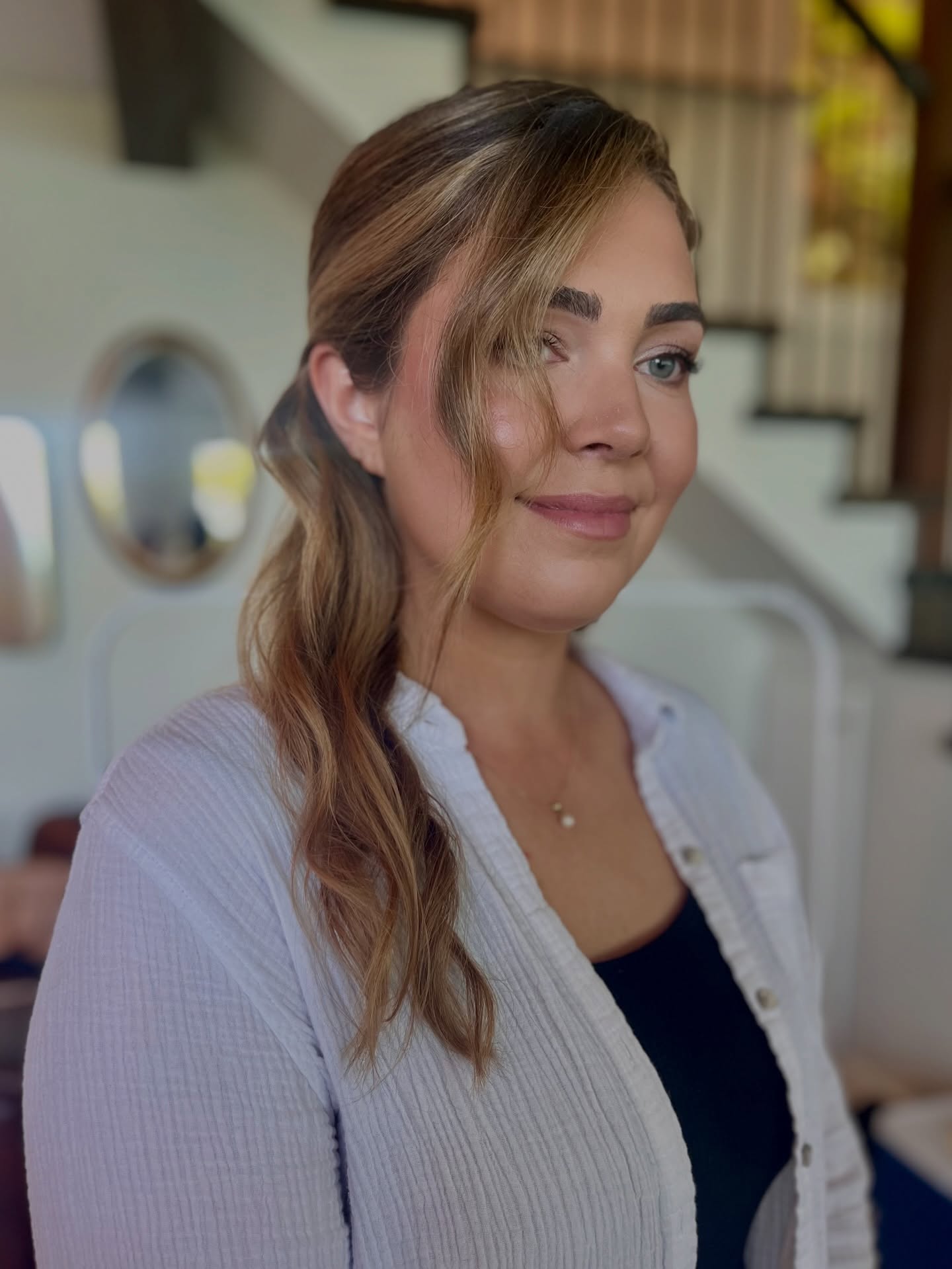 Caramel Balayage Long Layers with Side-Swept Curtain and Low Tuck