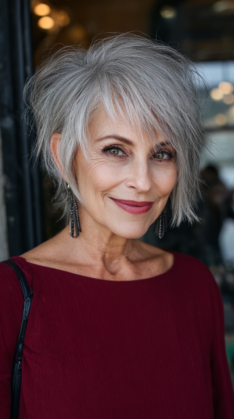 Chic Short Silver Shag with Asymmetric Feathered Fringe