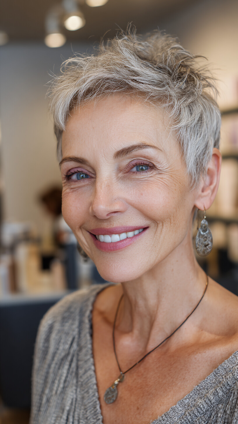 Choppy Textured Silver Pixie with Crown Lift