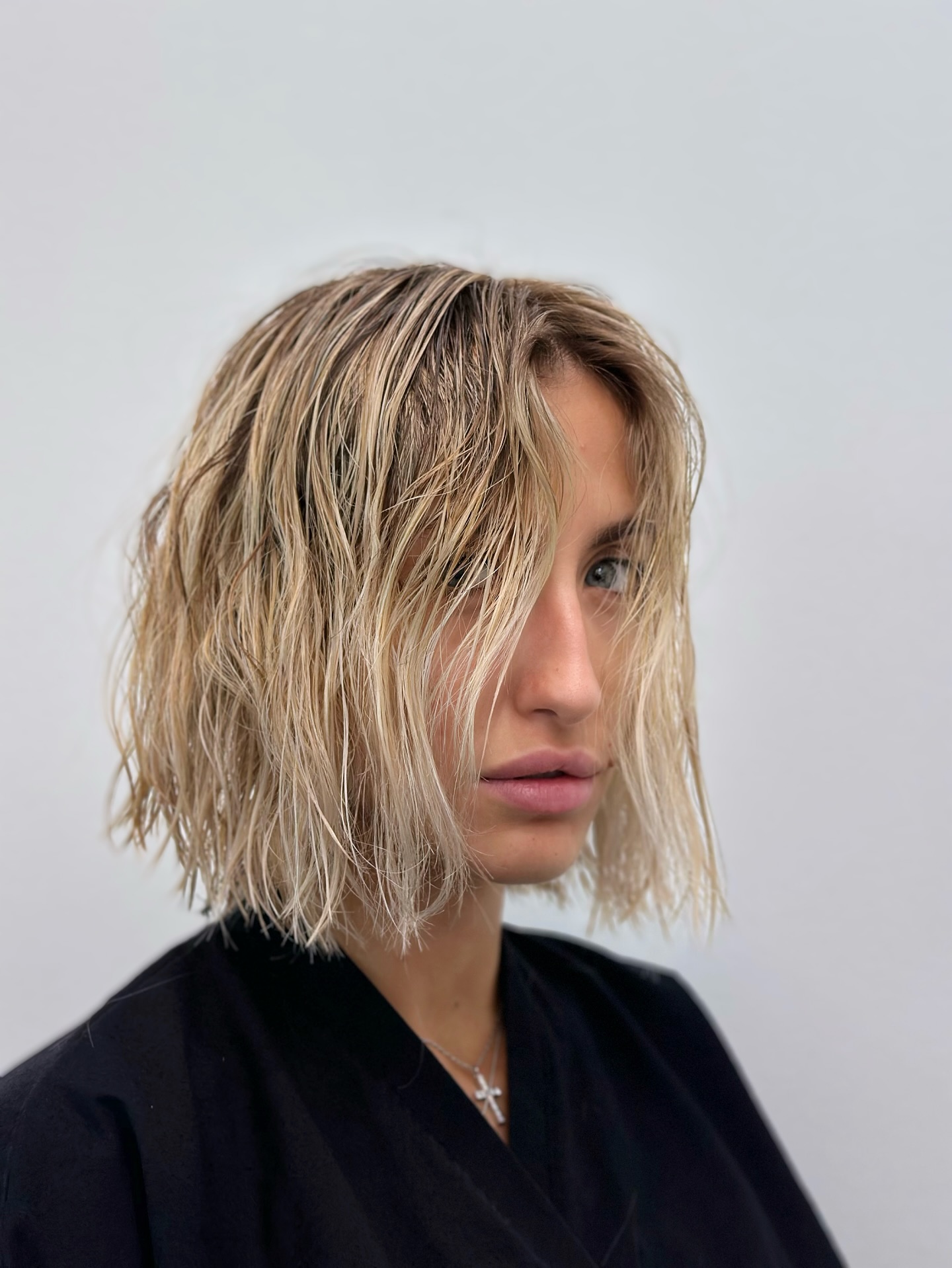 Choppy Wet-Look Chin-Length Bob with Piecey Face-Framing