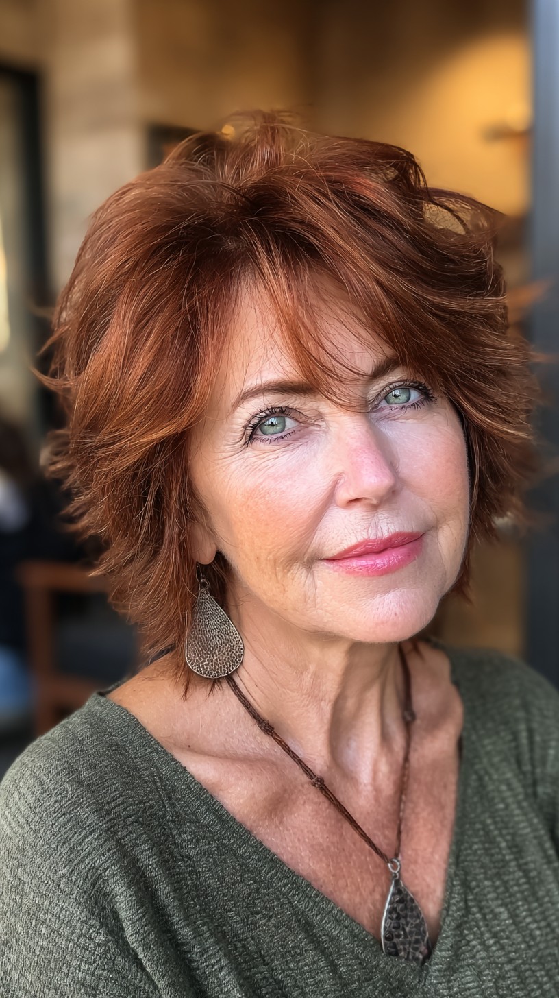 Cinnamon-Russet Short Wolf Cut with Feathered Face-Framing Layers