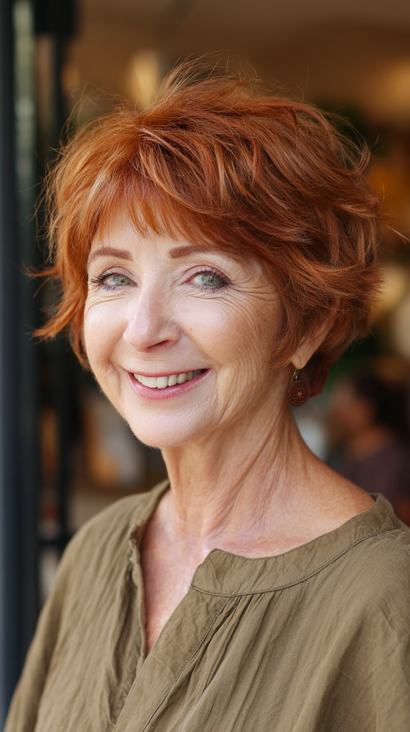 Warm Copper Short Wolf Cut with Choppy Layers and Lifted Crown