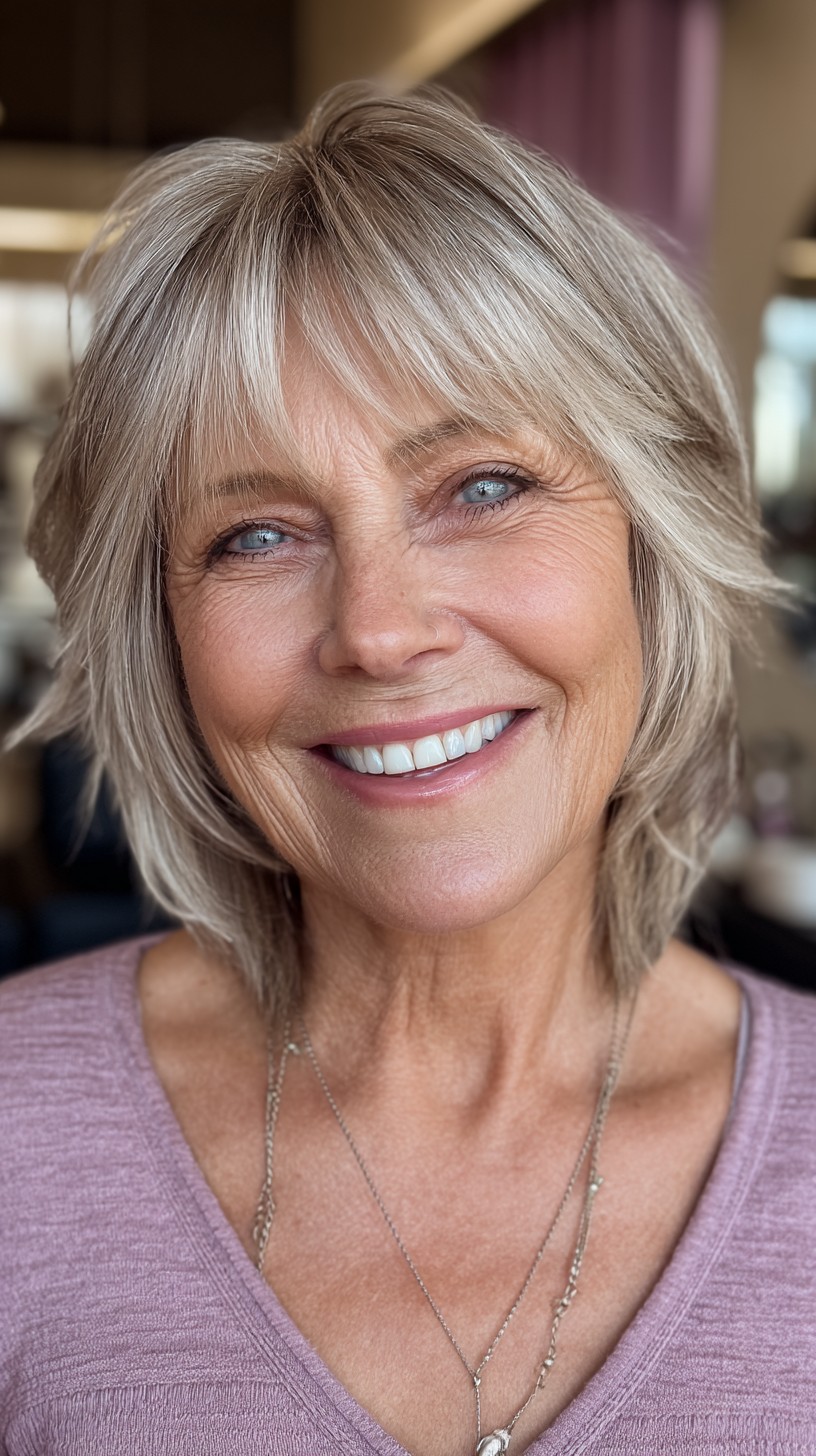 Creamy Silver Face-Framing Short Shag with Tapered Nape