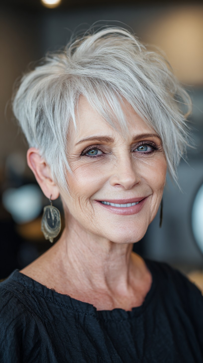 Crisp Salt-and-Pepper Pixie with Airy Crown and Tapered Nape