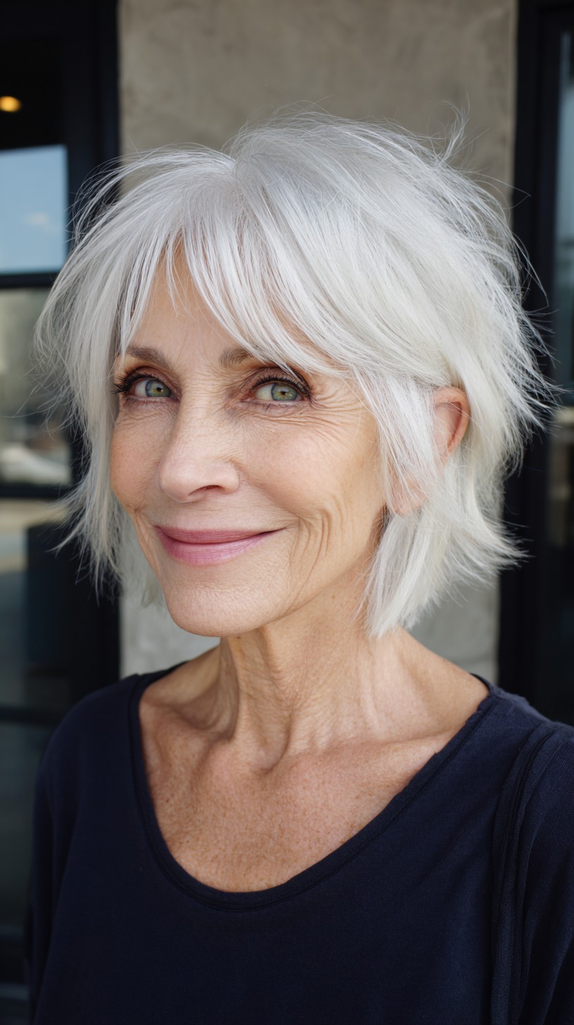 Crisp Silver Razored Shag with Curtain Fringe