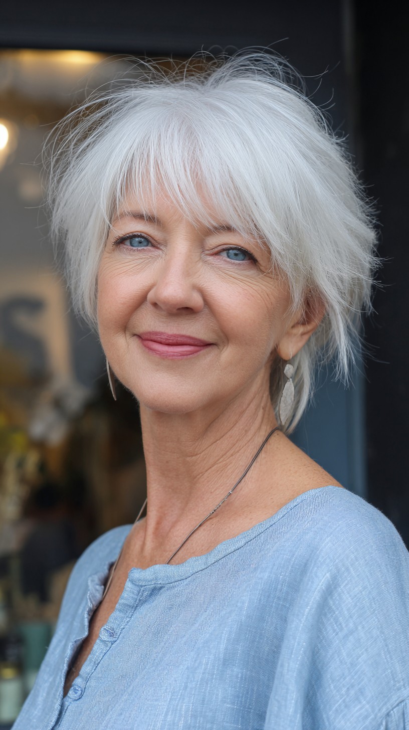Crisp Silver Textured Short Crop with Curtain Fringe