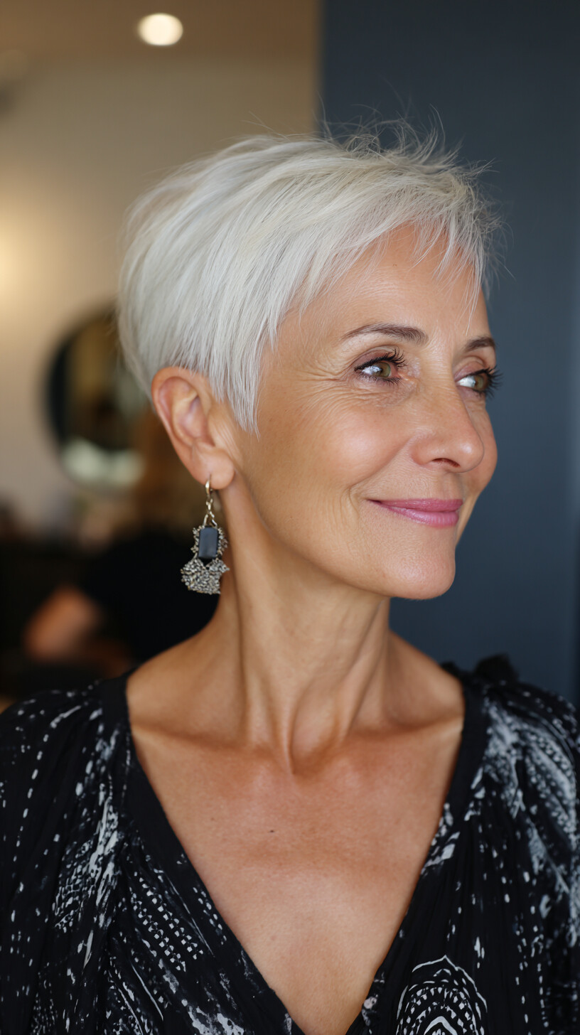 Crisp White Micro-Pixie with Textured Fringe