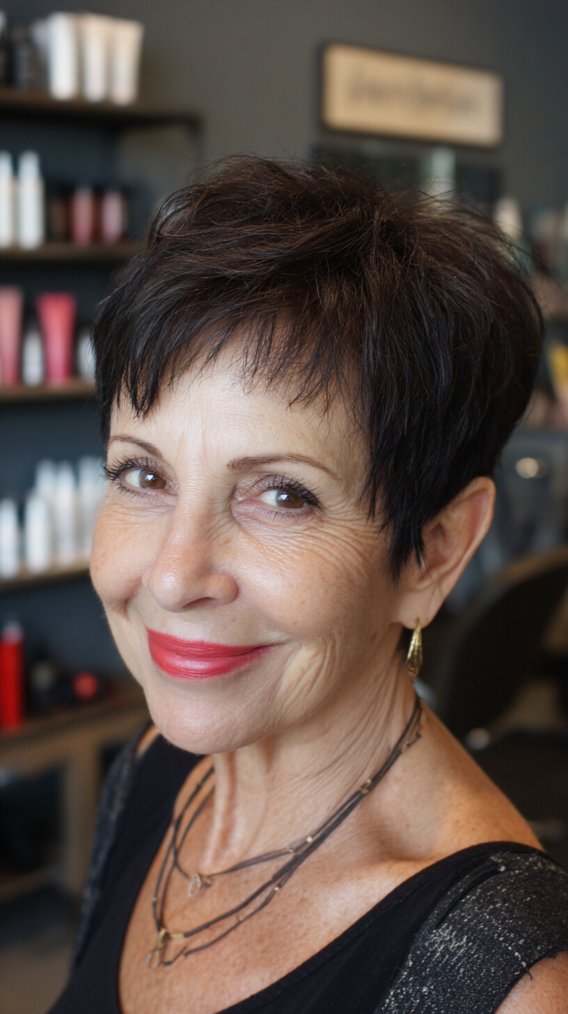 Cropped Chestnut Pixie with Feathered Micro-Fringe and Crown Lift